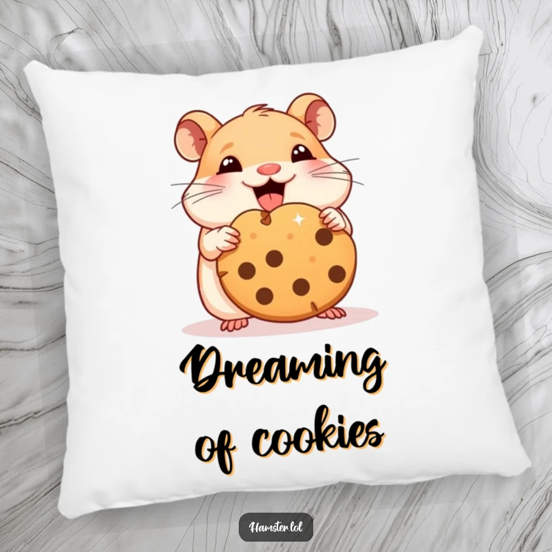 Funny hamster pillow featuring a cute character happily feasting on a giant cookie piece, perfect for comfort.