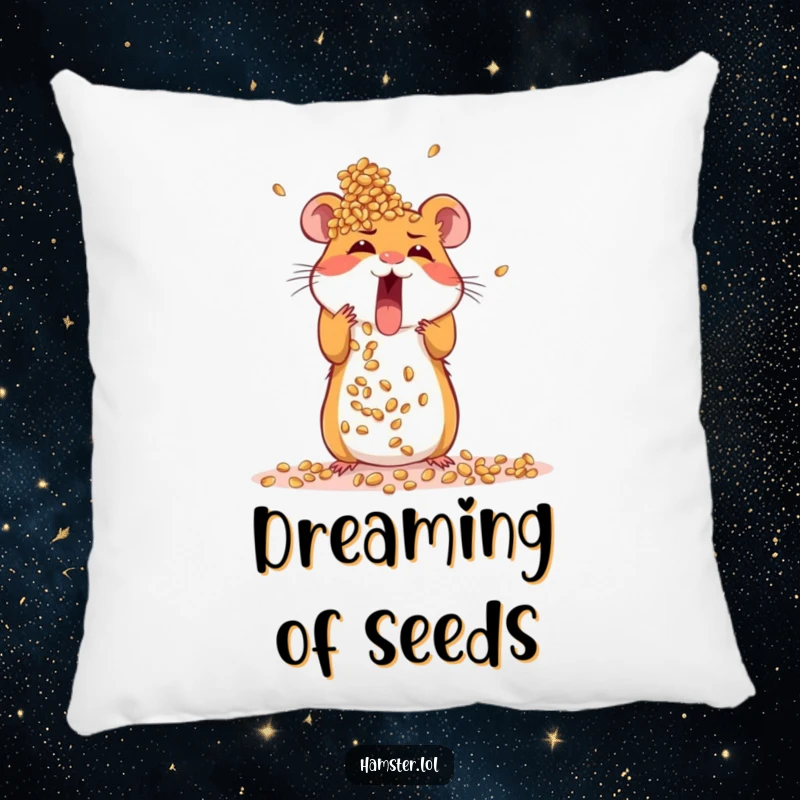 Funny pillow featuring an excited hamster busy building a towering structure out of seeds, offering comfort and motivation.
