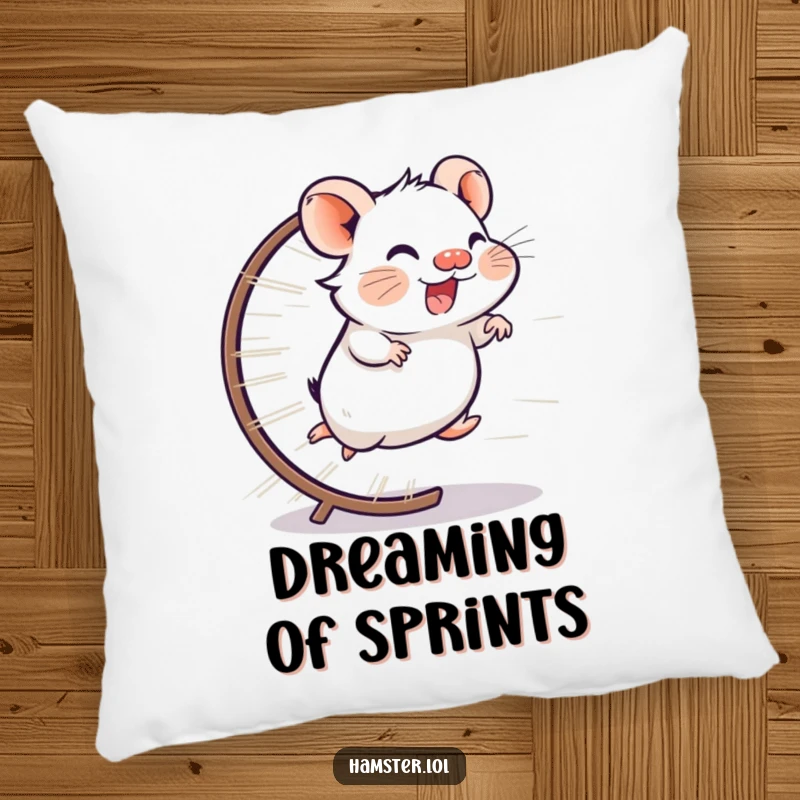 Funny pillow featuring a giggling hamster character running at lightning speed on its wheel, bringing dynamic humor to comfort.