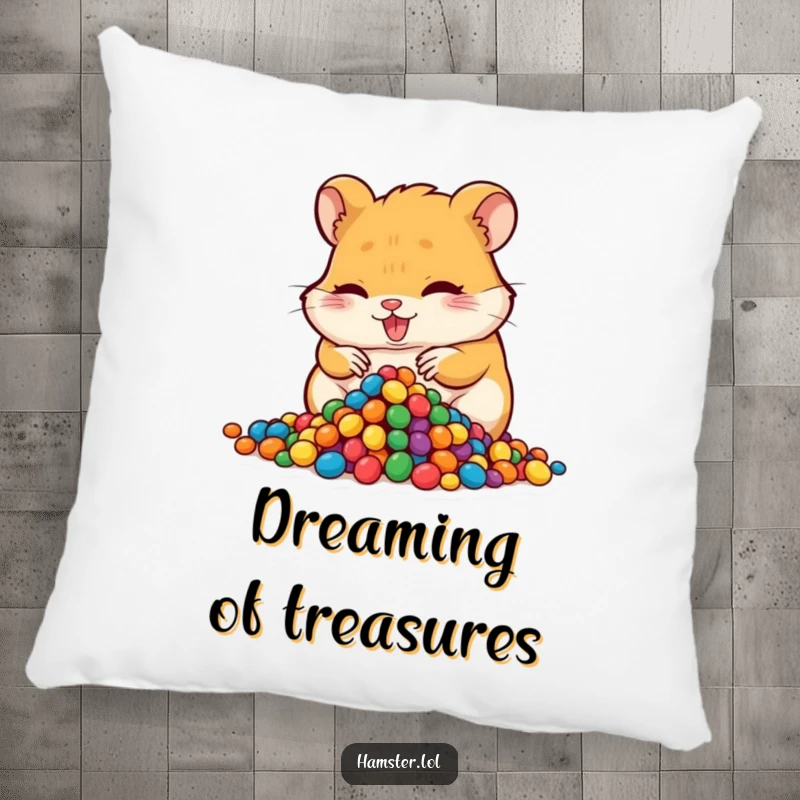 Funny hoarding hamster pillow, a mischievous hamster character hoarding colorful beads, soft and amusing home decor.
