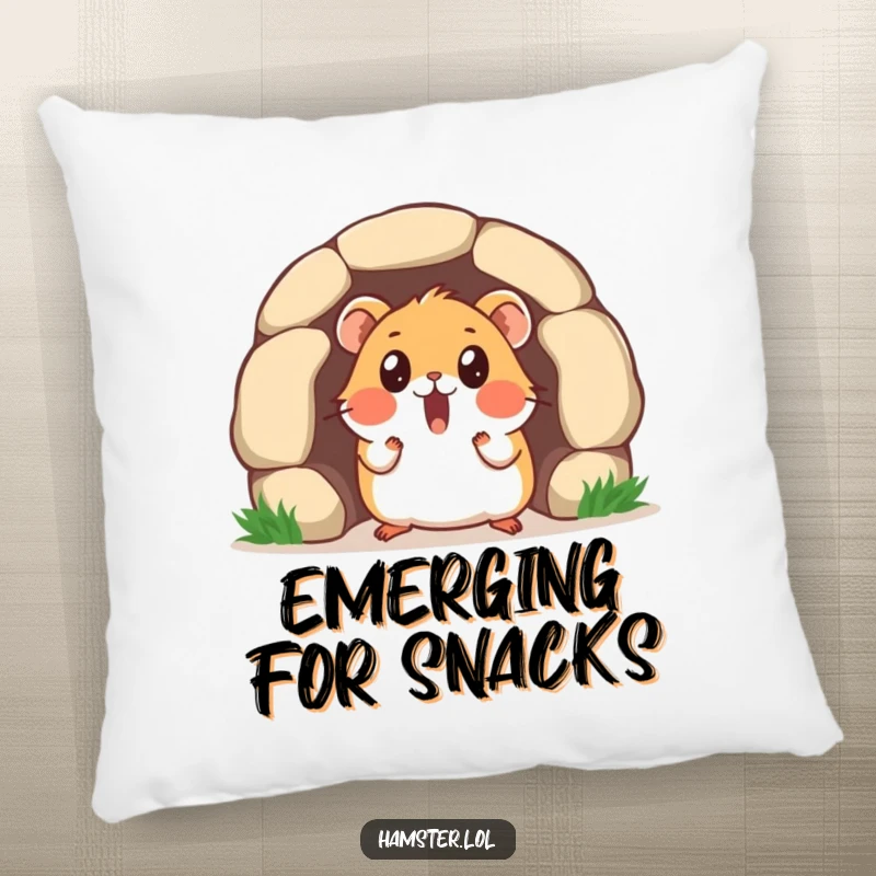 Funny pillow featuring a surprised hamster character emerging from a tiny tunnel, its expression one of comical surprise.