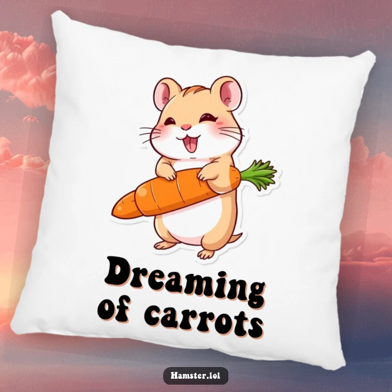 Funny pillow featuring a delighted hamster character balancing a carrot much larger than itself, embodying a sense of proud accomplishment.