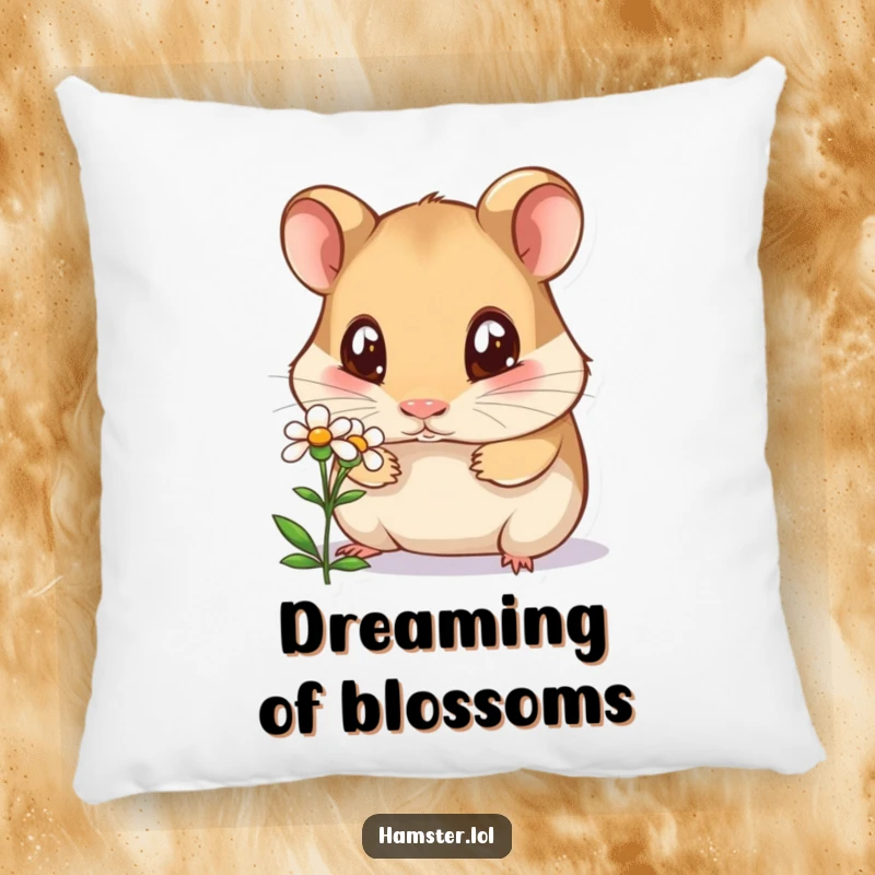 Funny curious hamster pillow, a hamster with wide eyes sniffing a tiny flower, soft and amusing home decor.