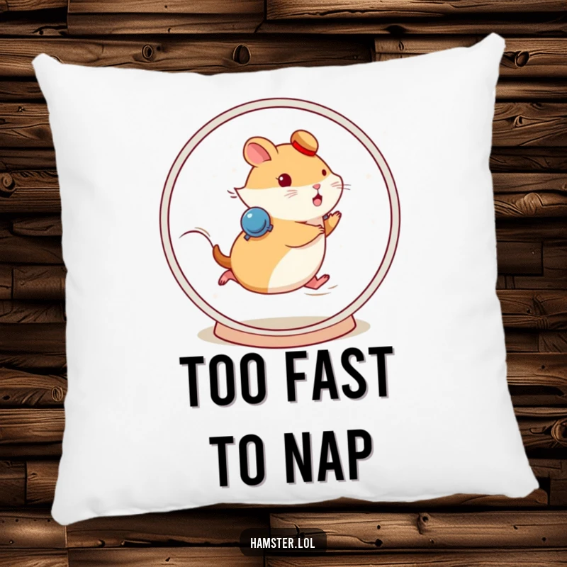 Funny hamster character running fast on a spinning wheel, printed on a soft and decorative pillow.