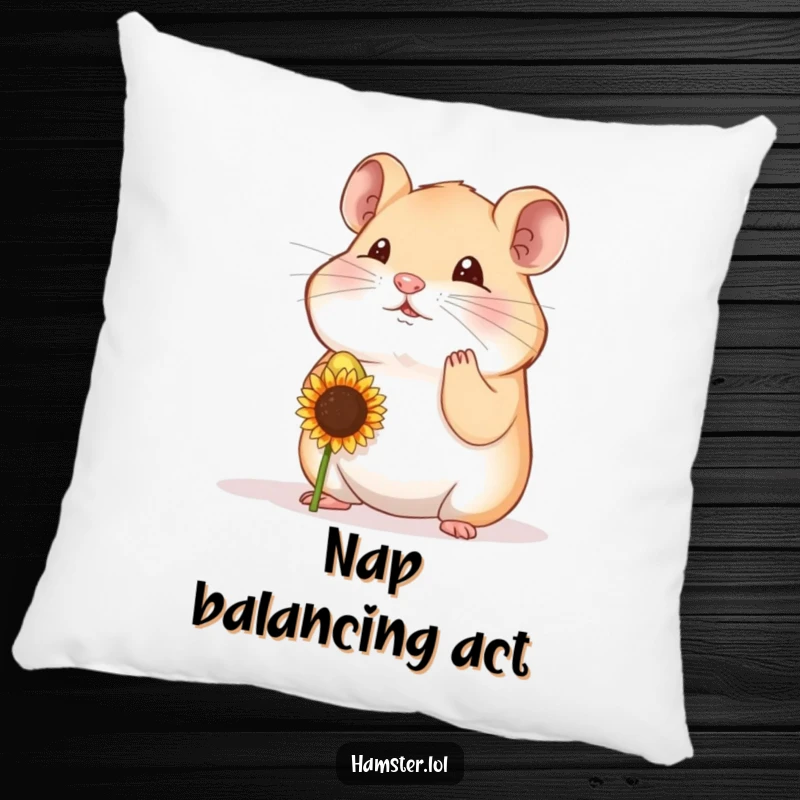 Funny hamster character balancing a seed on its nose, depicted on a soft and humorous pillow.