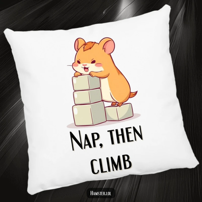 Funny hamster pillow, a cute hamster character comically trying to climb a small pile of blocks, soft and humorous home decor.