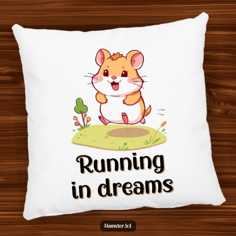 Funny Pillow shows an energetic hamster dashing across a tiny landscape, offering a humorous and comfortable decorative accent.