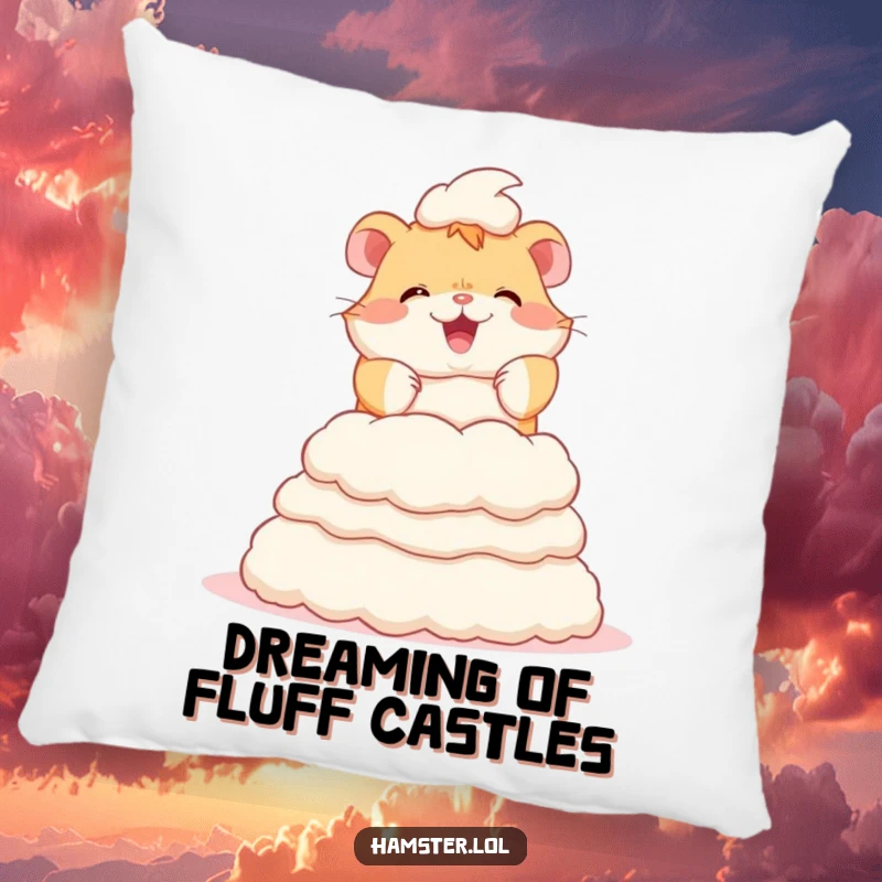 Funny pillow with a cute hamster character enthusiastically constructing a tall tower from soft bedding fluff, bringing smiles.