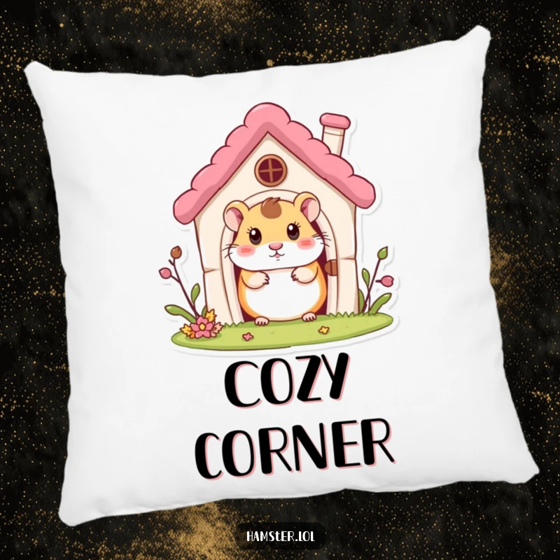 Funny Pillow: A curious hamster character peeking out from a tiny miniature house, perfect for soft comfort.