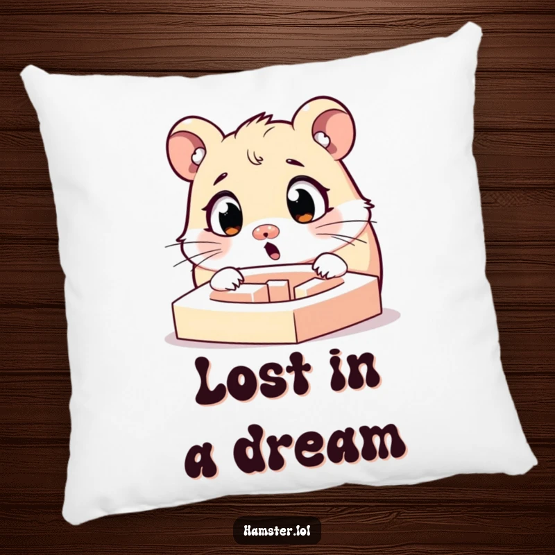 Funny surprised hamster character with widened eyes looking at a tiny maze, a soft and humorous decorative pillow.