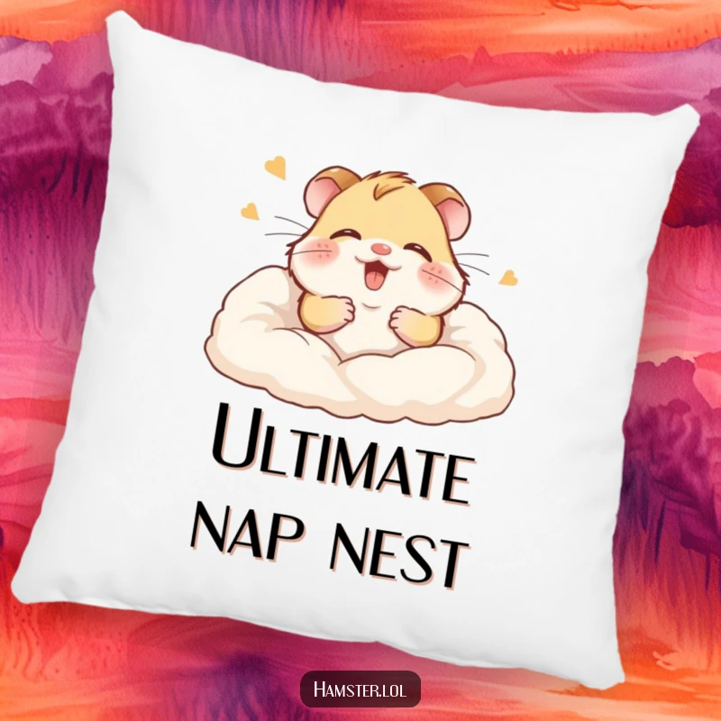 Funny pillow featuring a giggling hamster buried gleefully in soft bedding, offering comfort and cheer.