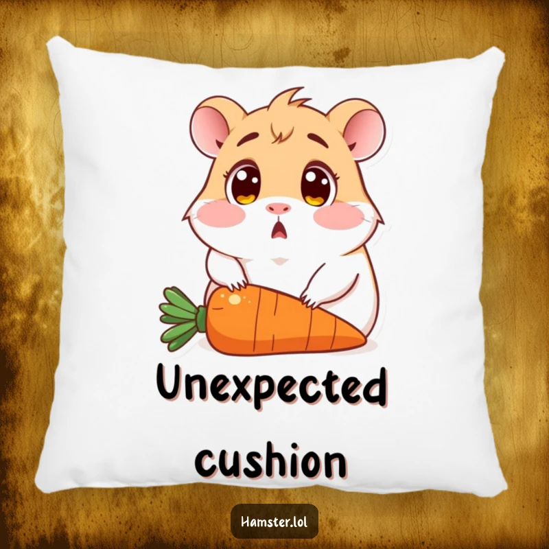 Funny pillow featuring a wide-eyed, surprised hamster comically seated on a carrot, offering comfort and chuckles.