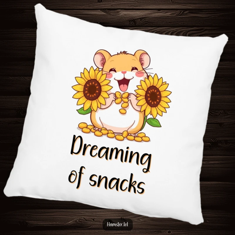 Funny Pillow: A cute hamster character gleefully stuffing its oversized cheeks with giant sunflower seeds, perfect for comfort.