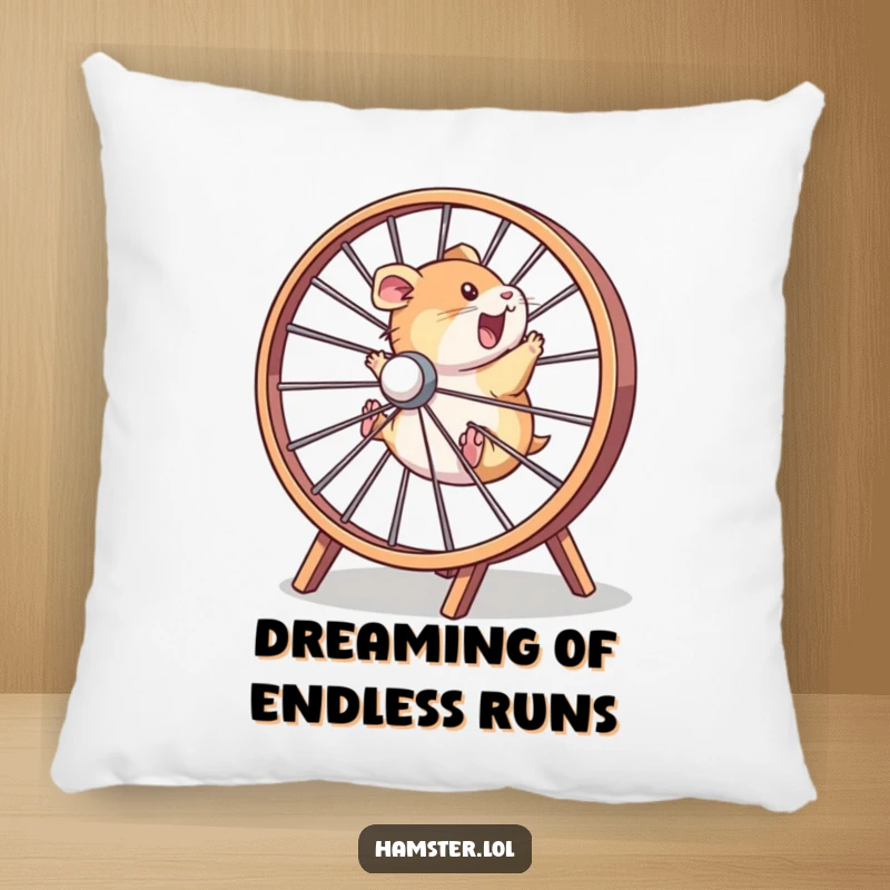 Funny hamster character caught mid-zoom in a giant wheel, depicted on a soft and humorous pillow.