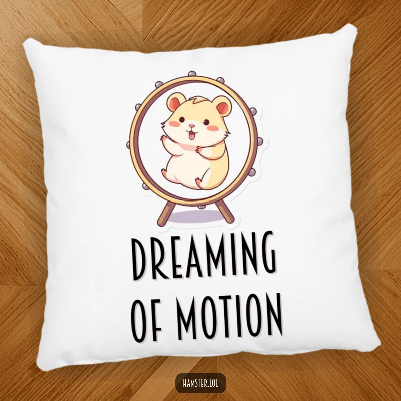 Funny Pillow displays a cute hamster comically running in a spinning wheel, offering a humorous and comfortable decorative touch.