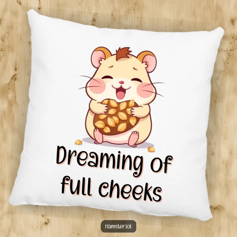 Funny kawaii hamster character with its cheeks hilariously stuffed with seeds, depicted on a soft and inviting pillow.