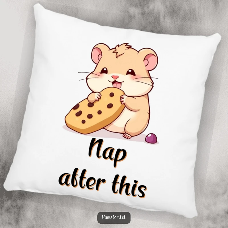 Funny wobbly hamster pillow, a hamster struggling with an oversized treat, soft and amusing home decor.
