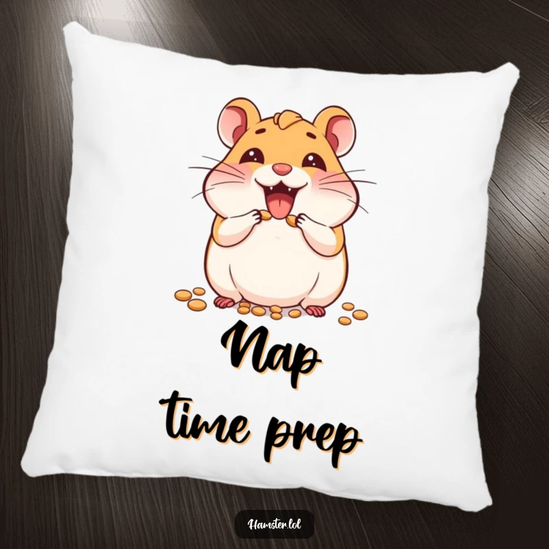 Funny pillow with a joyful hamster character enthusiastically stuffing its cheeks, making it a cozy and humorous decorative item.