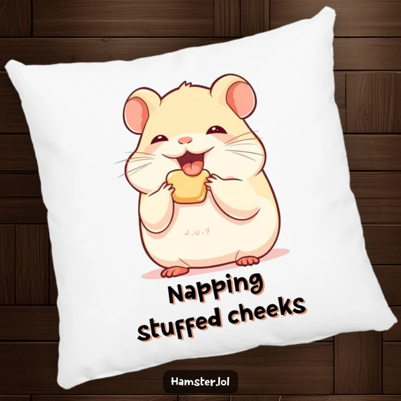 Funny hamster character stuffing its cheeks with joy, printed on a soft and decorative pillow.