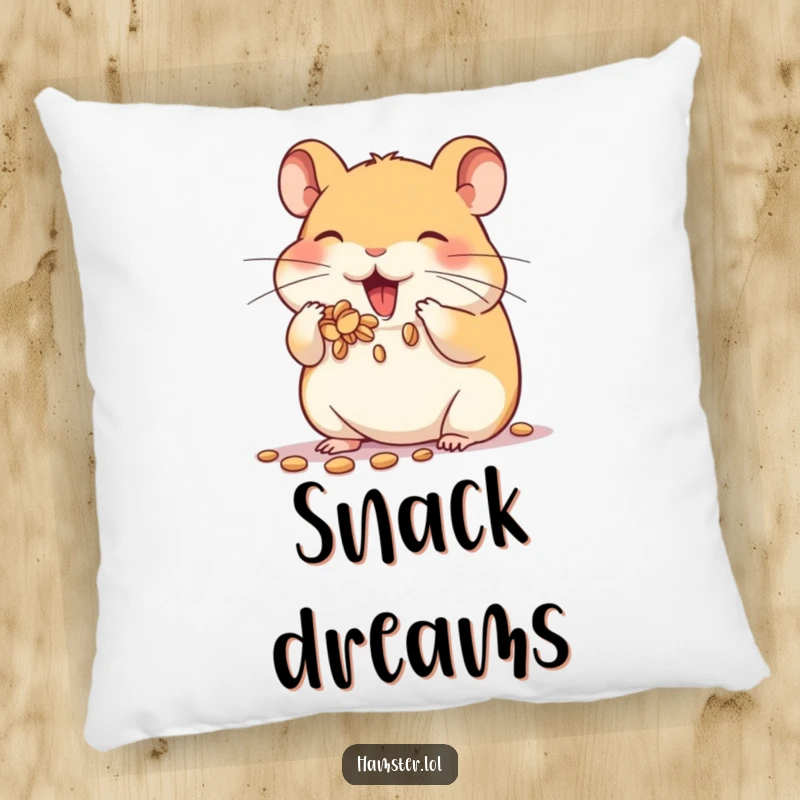 Funny pillow featuring a hamster character enthusiastically stuffing its cheeks with seeds, perfect for adding cute and humorous decor.