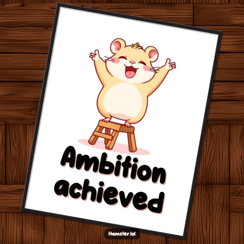 Funny Digital Art Print: A happy hamster character triumphantly dancing on a tiny ladder, ready to print.