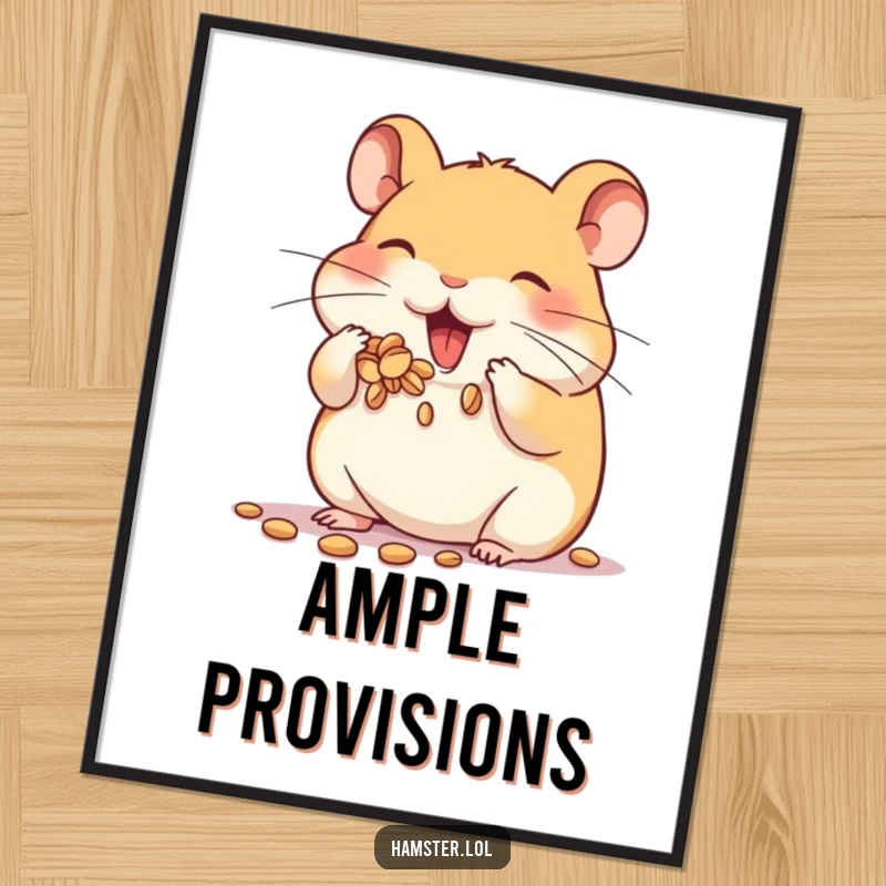 Funny digital art print of a hamster character enthusiastically stuffing its cheeks full of seeds, ideal for instant cute decor.