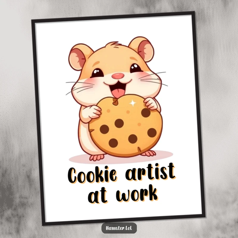 Funny hamster digital art print of a character joyfully devouring a massive cookie, perfect for instant decor.