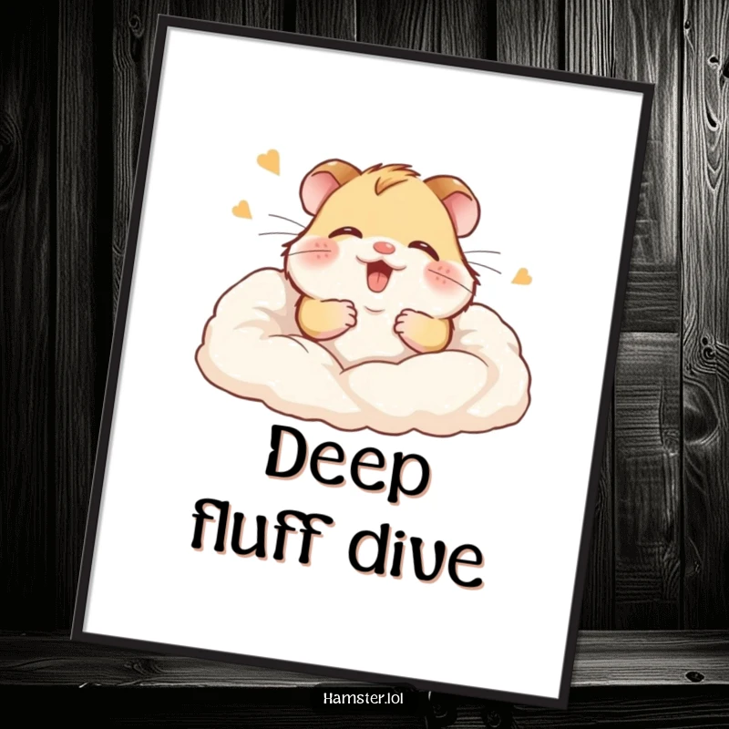 Funny digital art print of a giggling hamster gleefully burying itself in soft bedding, a heartwarming piece.