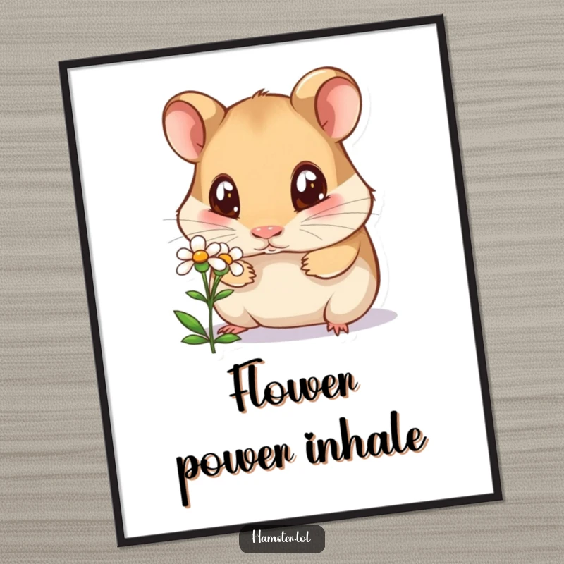 Funny curious hamster digital art print, a hamster with wide eyes sniffing a tiny flower, downloadable and humorous wall art.