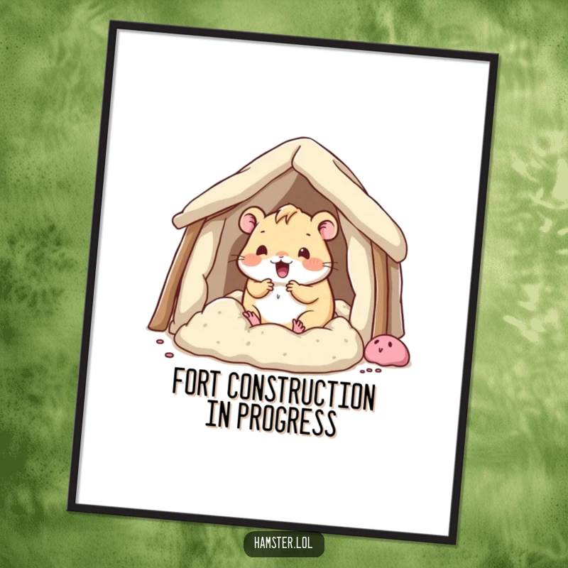 Funny kawaii hamster character enthusiastically building a fort with bedding, a humorous digital art print.