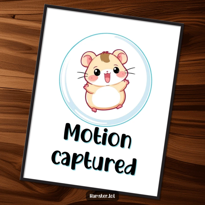 Funny hamster ball digital art print, a cheerful hamster character zipping inside a clear ball, downloadable and humorous pet wall art.