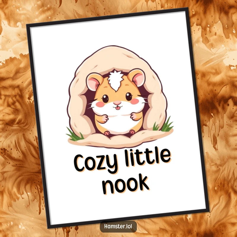 Funny Hamster Digital Art Print: Amusing hamster peeking its head from a cozy burrow, radiating warmth and cuteness.