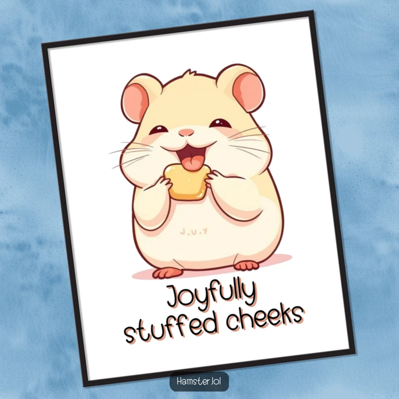 Funny hamster character stuffing its cheeks with joy, available as a high-resolution digital art print.