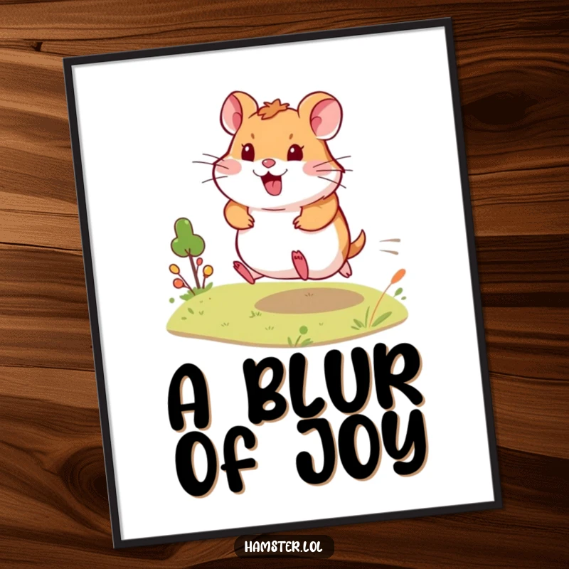 Funny Digital Art Print shows an energetic hamster making a happy dash across a tiny landscape, adding instant humor and dynamism to decor.