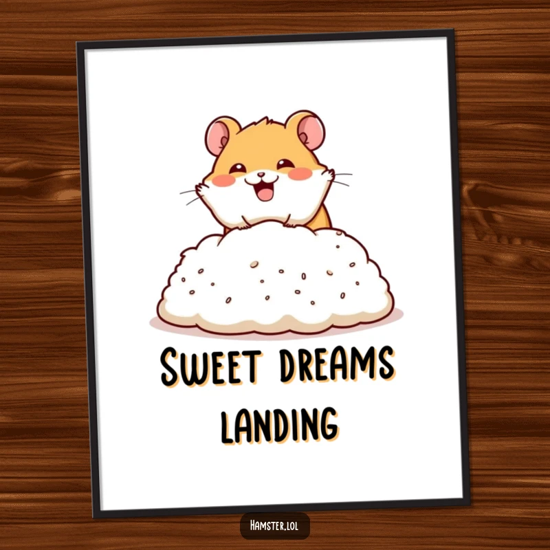Funny digital art print of a happy hamster character performing a dramatic dive into a pile of bedding, symbolizing ultimate comfort.