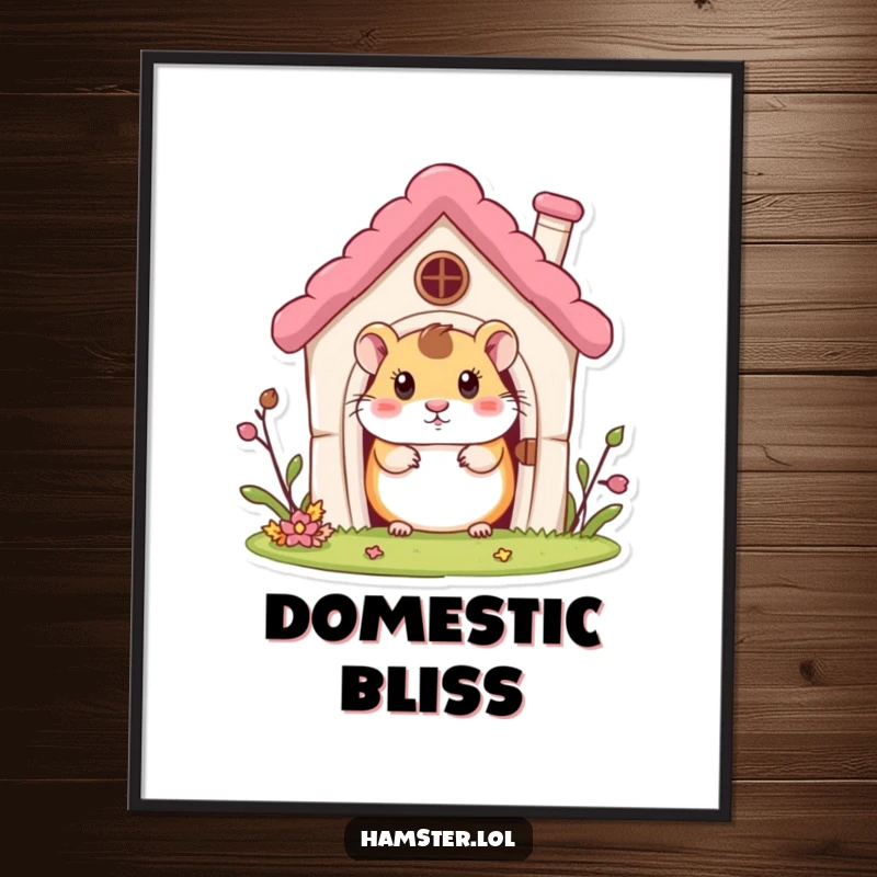 Funny Digital Art Print: A curious hamster character peeking out from a miniature house, ready to print.