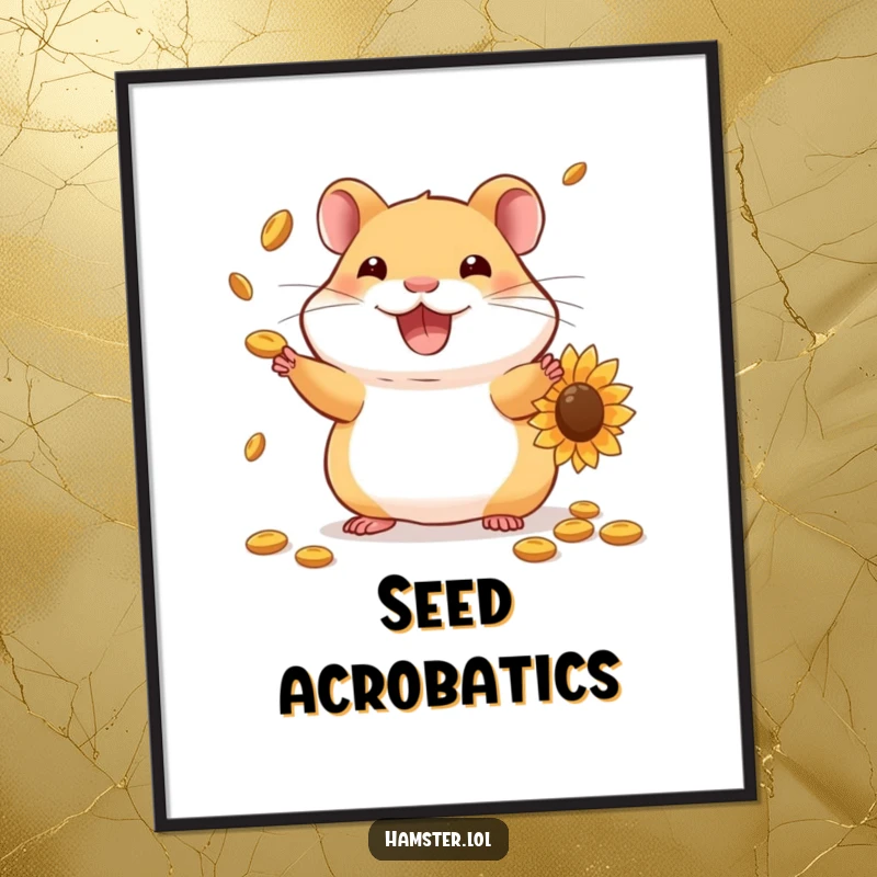 Funny Hamster Digital Art Print: Amusing hamster skillfully juggling sunflower seeds with a wide, happy grin.