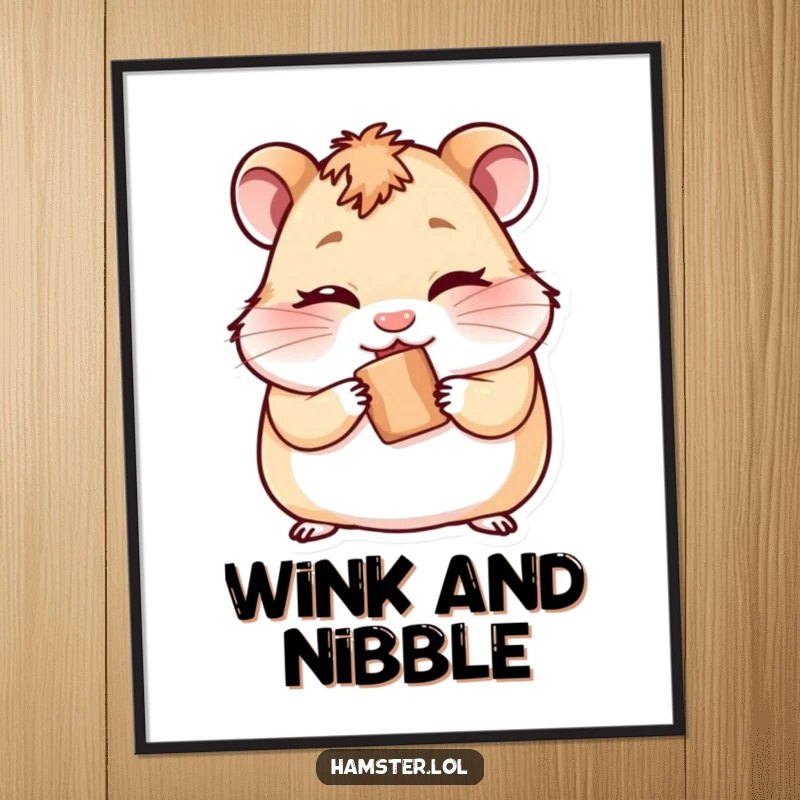 Funny digital art print of a cheeky hamster winking while hiding a tiny treat, a playful piece for any room.