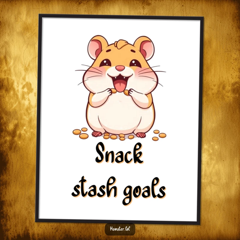 Funny digital art print of a joyful hamster character enthusiastically stuffing its cheeks with seeds, perfect for humorous wall decor.