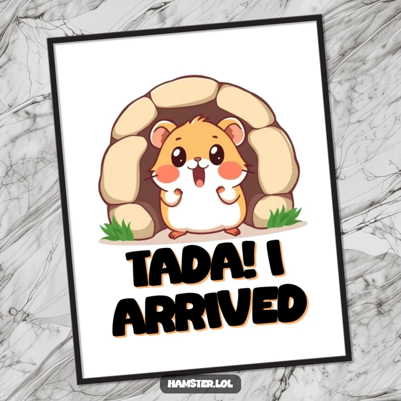 Funny digital art print of a surprised hamster character emerging from a tiny tunnel, its expression full of comical shock.