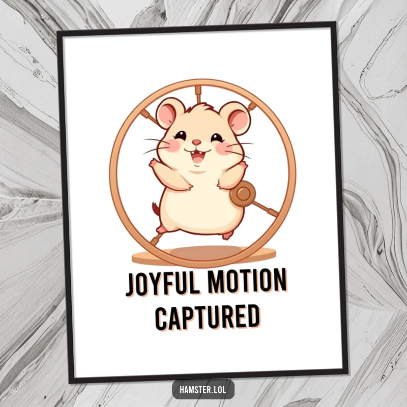 Funny hamster character enthusiastically running on a spinning wheel with glee, a digital art download featuring humorous illustration.