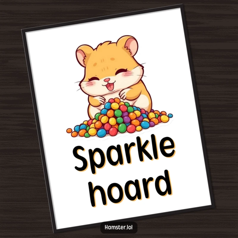 Funny hoarding hamster digital art print, a mischievous hamster character hoarding colorful beads, downloadable and humorous wall art.