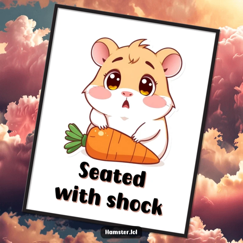 Funny digital art print of a wide-eyed, surprised hamster comically sitting on a carrot, a humorous piece for any room.