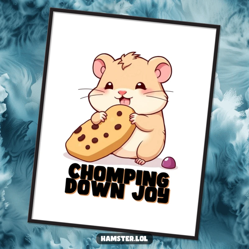 Funny wobbly hamster digital art print, a hamster trying to hoard an oversized treat, downloadable and humorous wall art.