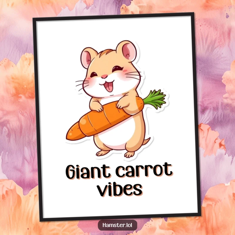 Funny digital art print of a delighted hamster character balancing a carrot much larger than itself, symbolizing victory.