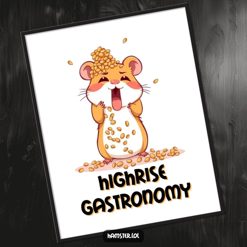 Funny digital art print of an excited hamster diligently building a large tower out of seeds, a symbol of ambition.