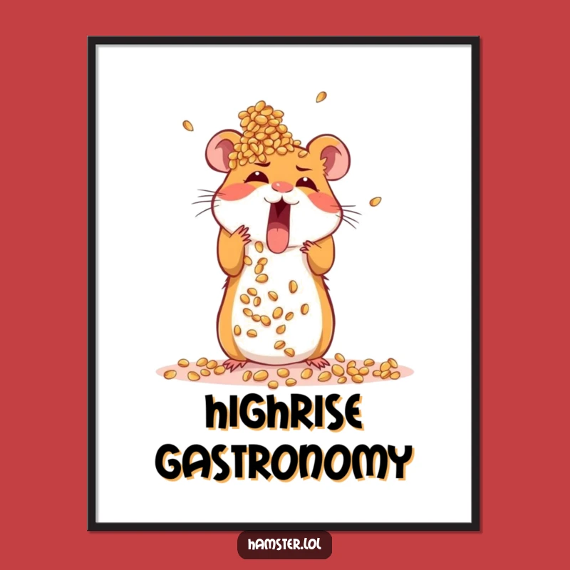 Funny Hamster Print: Digital art of excited rodent building seed tower, a downloadable funny gift