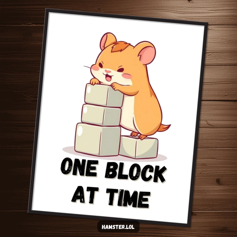 Funny hamster digital art print, a playful hamster character scaling a small stack of blocks, downloadable and humorous wall art.