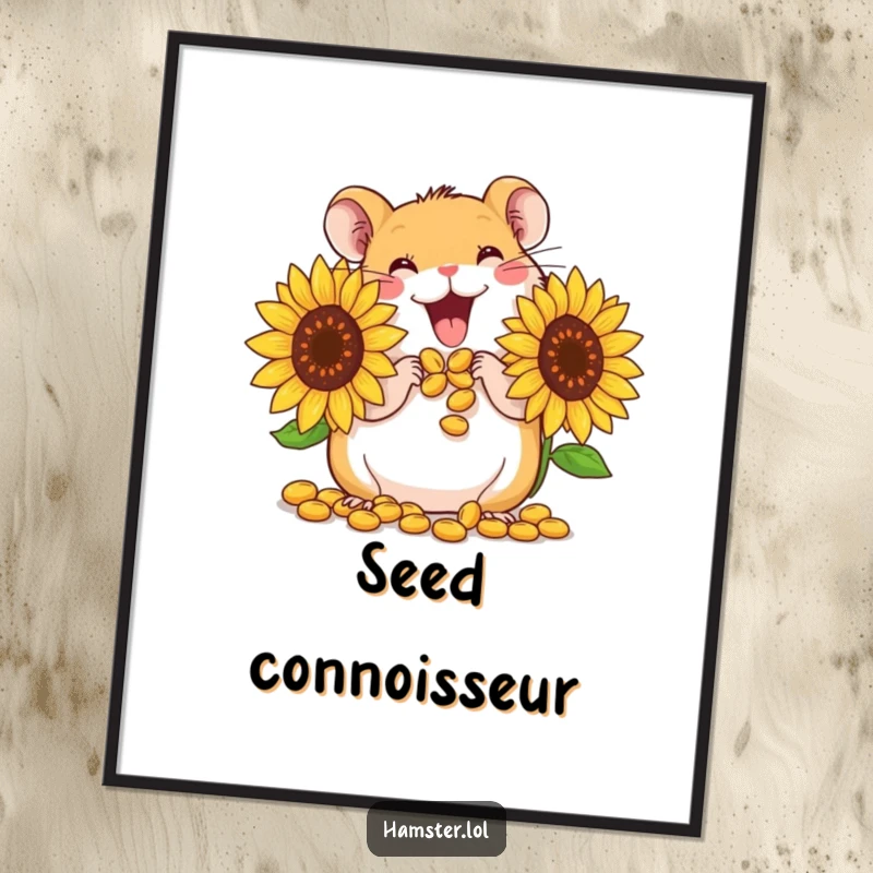 Funny Digital Art Print: A cute hamster character gleefully stuffing its cheeks with giant sunflower seeds, ready to print.