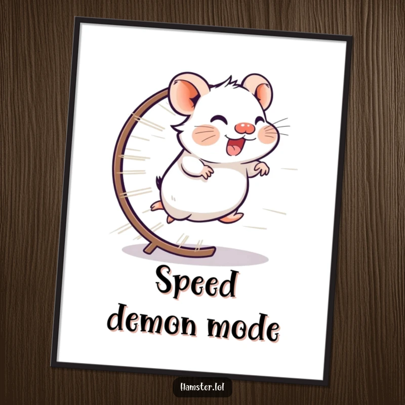 Funny digital art print of a giggling hamster character running at lightning speed on its wheel, capturing exhilarating motion.